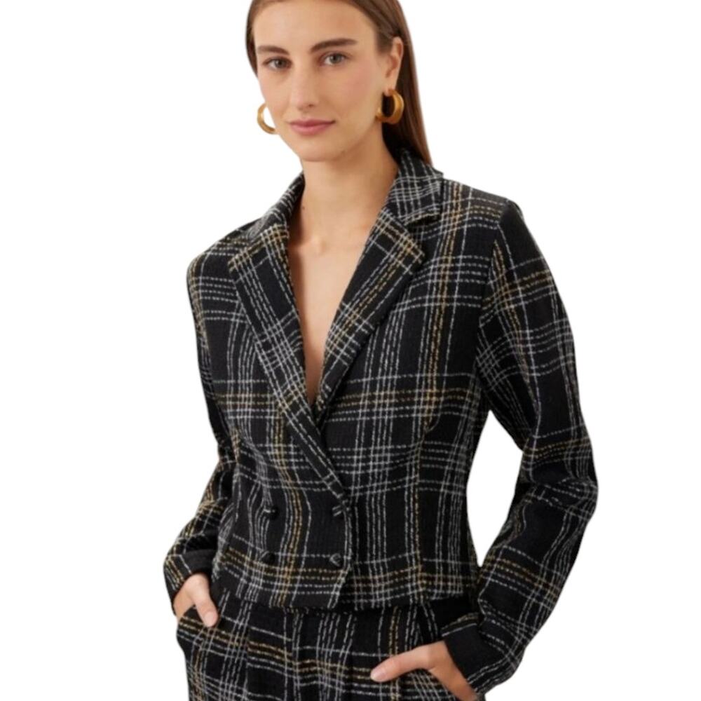 Slate & Willow Classic Plaid Tweed Blazer Womens Small Black Cropped Jacket
